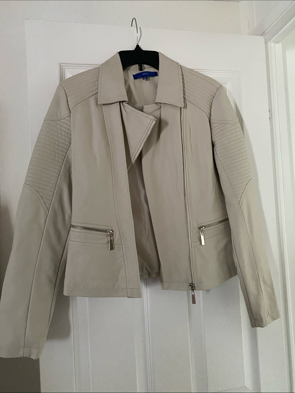 Apt. 9 Cream Faux Leather Moto Jacket with Quilted Shoulders